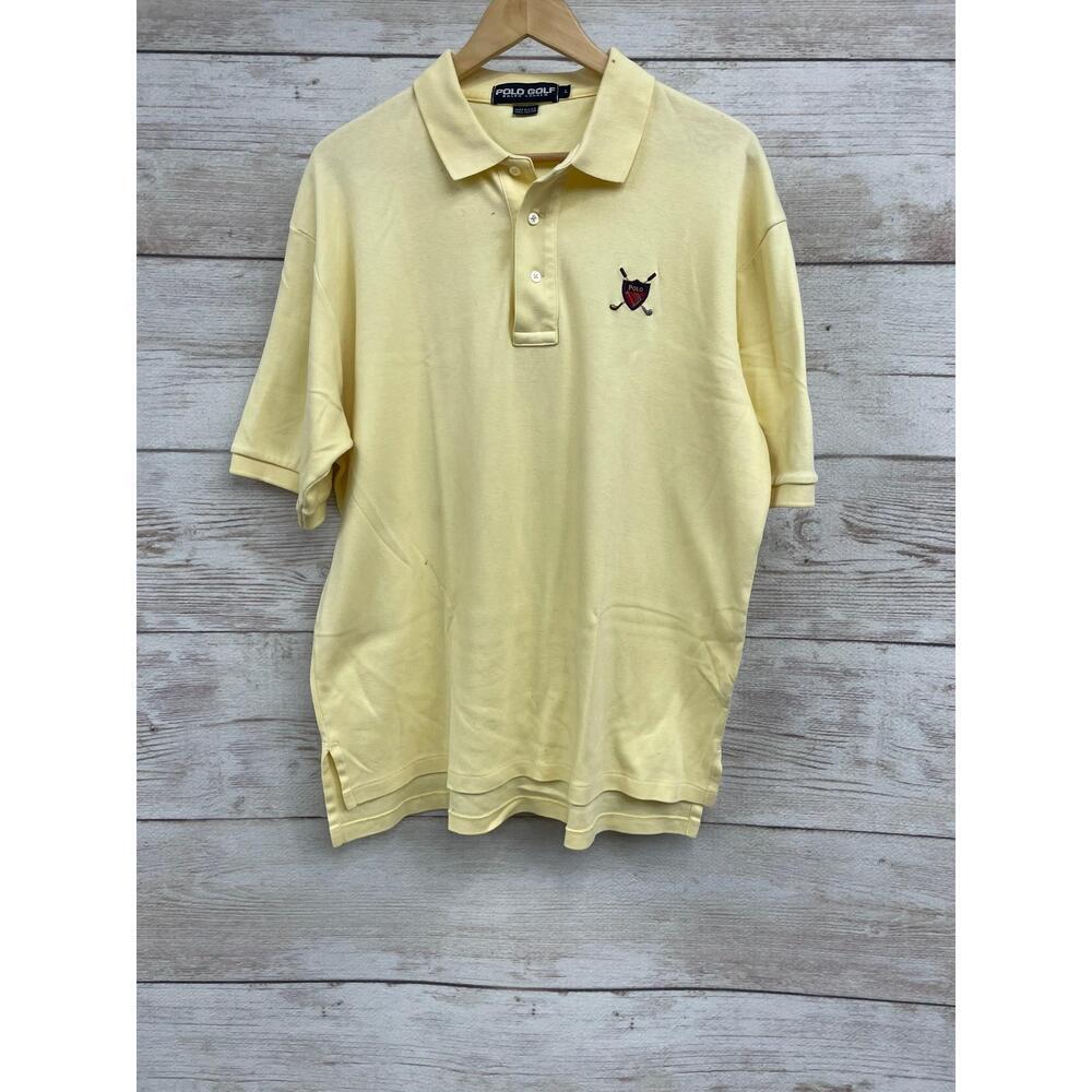 Vng Polo Golf Ralph Lauren Yellow Crest Polo Shirt Short Sleeve Cotton USA Large